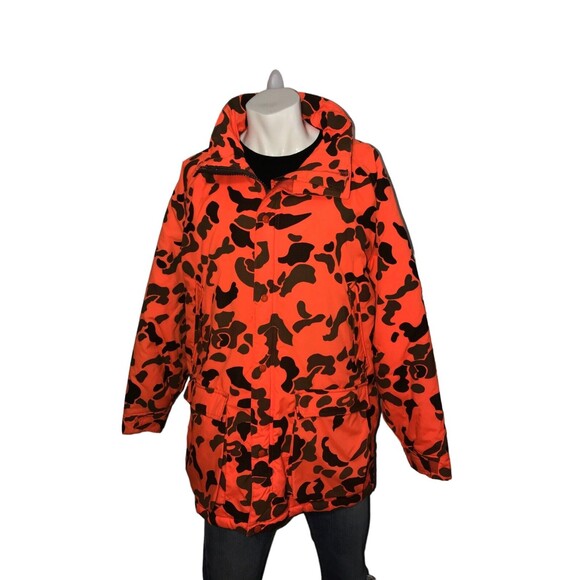 Woolrich Blaze Orange Camo Hooded Hunting Jacket Vintage Made in USA Size Large - Picture 1 of 7